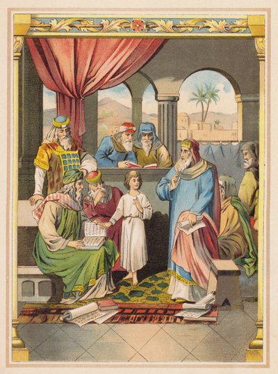 Jesus com os anciãos no Templo (litografia a cores) de (after) German School