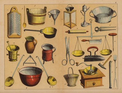 Utensílios e ferramentas de cozinha (litografia a cores) de (after) German School