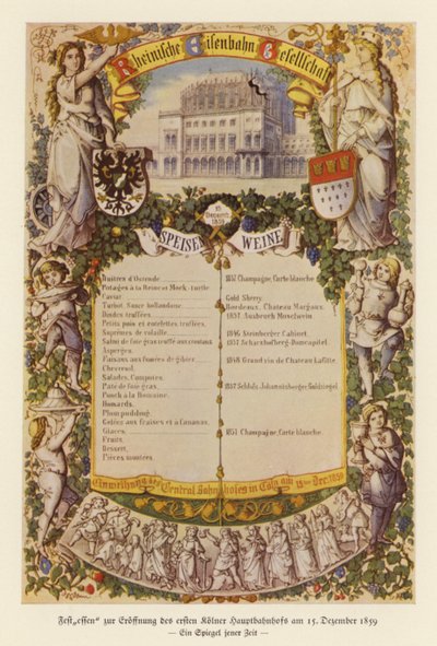 Menu para um banquete de celebração da abertura da primeira estação ferroviária de Colónia de (after) German School