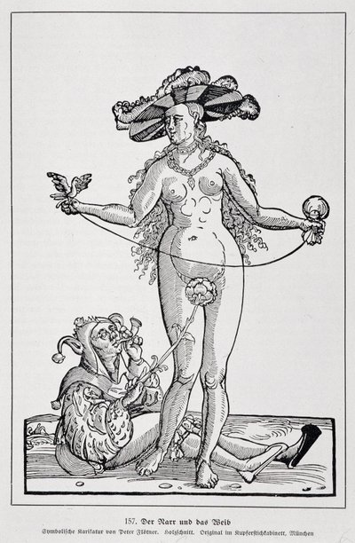 Mulher e louco a fazer cócegas no seu pénis com uma flor, "Der Rarr und das Weib", "Geschichte des Erotischen Kunst" de Edouard Fuchs, Berlim de (after) German School