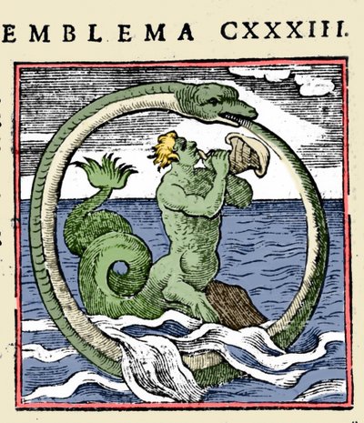 Um tritão e um ouroboros, ilustração "Emblemata" (Emblematum libellus) de Andrea Alciati (cor litho) de (after) Italian School