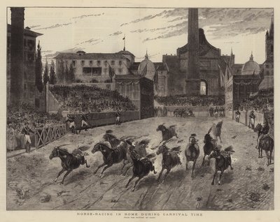 Corrida de cavalos em Roma durante o Carnaval (gravura) de (after) Italian School