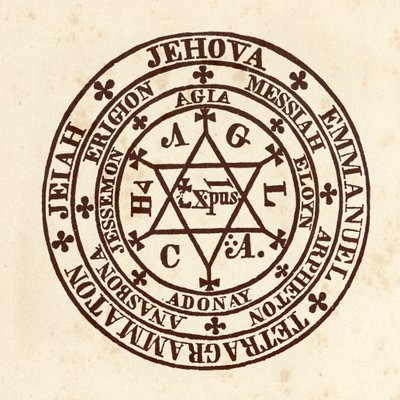 Ciências ocultas: círculo mágico. Esquema de "" De Occulta Philosophia "" do erudito ocultista alemão Henry Cornelius Agrippa de Nettesheim (1486-1535) (conhecido como Cornelius Agrippa ou Agrippa de Nettesheim) de (after) Italian School