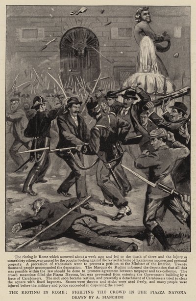 O tumulto em Roma, combatendo a multidão na Piazza Navona (litho) de (after) Italian School
