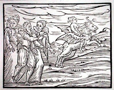 Bruxa atrona de um bode diabólico, cópia de uma ilustração do "Compendium Maleticarum" do Sr. F Guaccius, Milão 1608, usada numa "História da Magia", publicada no final do século XIX (xilogravura) de (after) Italian School