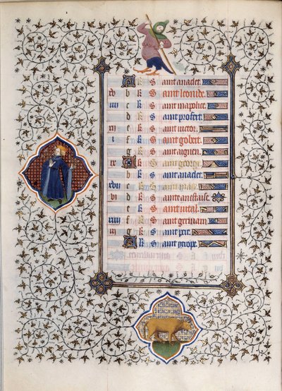 Página do manuscrito "Les Tres Riches Hours du Duke François de Guise" iluminado pelo Mestre de Boucicaut: representação dos signos do zodíaco e cenas da vida quotidiana: o touro. Século XV. Musee Conde, Chantilly de (and workshop) Boucicaut Master