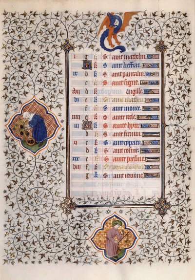 Página do manuscrito "Les Tres Riches Hours du Duke François de Guise" iluminado pelo Mestre de Boucicaut: representação dos signos do zodíaco e do trabalho agrícola: equilíbrio e colheita. Século XV. Musee Conde, Chantilly de (and workshop) Boucicaut Master