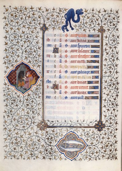Página do manuscrito "Les Tres Riches Hours du Duke François de Guise" iluminado pelo Mestre de Boucicaut: uma representação dos signos do zodíaco e cenas da vida quotidiana: peixes e um homem a aquecer-se em frente a uma chaminé. Século XV. Musa de (and workshop) Boucicaut Master