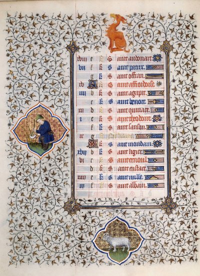 Página do manuscrito "Les Tres Riches Hours du Duke François de Guise" iluminado pelo Mestre de Boucicaut: representação dos signos do zodíaco e cenas da vida quotidiana: o campanário e um homem a cortar vime. Século XV. Musee Conde, Chantilly de (and workshop) Boucicaut Master
