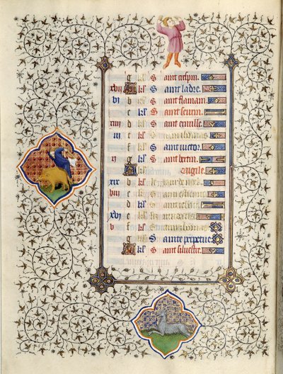 Página do manuscrito "Les Tres Riches Hours du Duke François de Guise" iluminado pelo Mestre de Boucicaut: representação dos signos do zodíaco e cenas da vida quotidiana: o capricórnio e a caça ao javali. Século XV. Musee Conde, C de (and workshop) Boucicaut Master