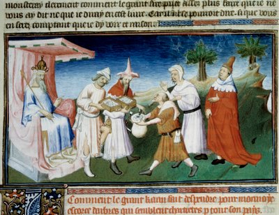 Qubilai (Kubilai Khan, primeiro imperador da dinastia Yuan mongol (1215-1294) paga as suas compras com moedas de casca de árvore em miniatura retiradas do "Livro das Maravilhas" de Marco Polo ("World Devisement", "Il Milione") ilustrado pelo Mestre de Bouc de (and workshop) Boucicaut Master