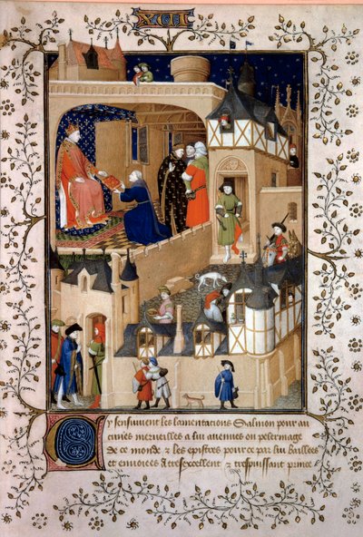 O aventureiro político Pedro, o Frutífero, disse Salmon oferece o seu manuscrito ao Rei Carlos VI (1368-1422). Miniatura de "Answers a Charles VI et Lamentations" de Pierre Salmon iluminado pela oficina do Maitre de Boucicaut (século XV) 1409 P de (and workshop) Boucicaut Master