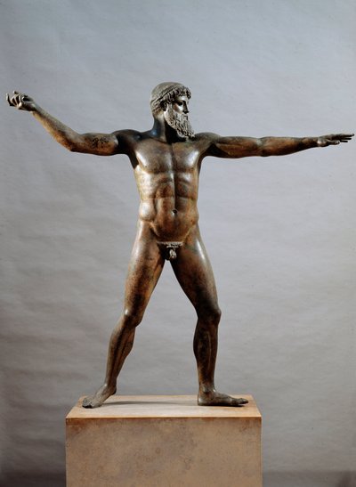 Arte grega: estátua de bronze chamada o deus da Artemisão do Cabo atribuída ao escultor Kalamis (século V a.C.), 460 a.C., Dim. 209 cm - Ateneu, Museu Nacional de Arqueologia (inv. 15161) - Civilização grega: estátua (muitas vezes chamada Deus do Mar) de Z de (attr. to) Kalamis