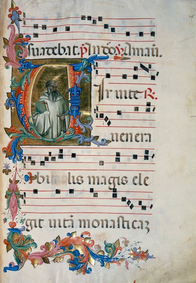 Inicial iluminada com a figura de San Romualdo (Corale 8, c. 76), para o livro coral 8 de Santa Maria degli Angeli de (c.1370 1425) Lorenzo Monaco