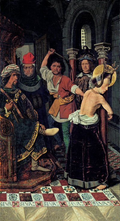 A Flagelação de Santa Engrácia, c.1475 (óleo sobre madeira) de Bermejo