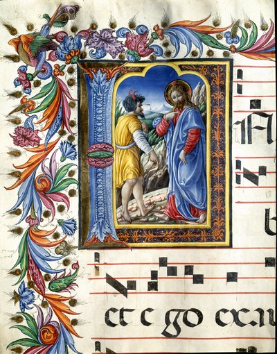 Lettrina decorativa representando a tentação de Cristo Miniatura por Liberale da Verona (1445-1529) de um coro (Cod. 20/5. c.45v) da catedral de Siena. Catedral do século XV (Duomo) de Siena, Itália de (c.1445 1527) Liberale da Verona