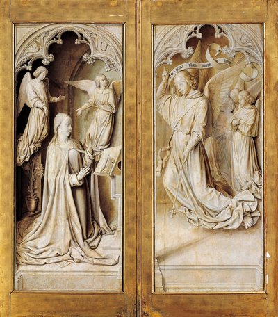 Anunciação em grisaille (cinza monocromático), asas exteriores do tríptico (ca. 1489-1502) pelo Mestre de Moulins, na Catedral de Notre-Dame, Moulins, França. de (fl.c.1483 c.1529) Master of Moulins