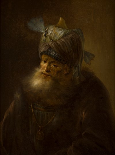 Retrato de um homem em um turbante (óleo sobre tela) de (follower of) Rembrandt Harmensz. van Rijn