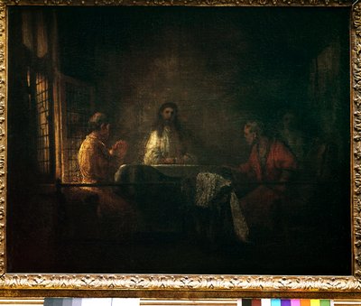 Os peregrinos de Emaús Cristo aparecem aos peregrinos sentados à mesa em uma pousada em Emaús. Pintura da oficina de Harmensz van Rijn dit Rembrandt (1606-1669) de studio of Rembrandt Harmensz. van Rijn