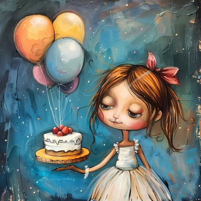 Uma rapariga com um bolo de aniversário e balões, impressões emolduradas em tela de F. Abderrahim