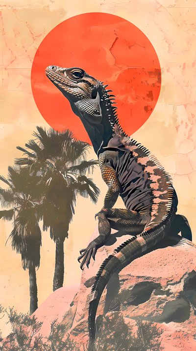 Um lagarto a tomar banho de sol numa rocha com um fundo de palmeira, impressões de arte em tela de F. Abderrahim