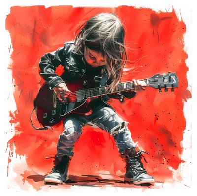 Uma criança a tocar guitarra eléctrica rock, pinturas de arte musical para venda, impressões de arte em tela de F. Abderrahim
