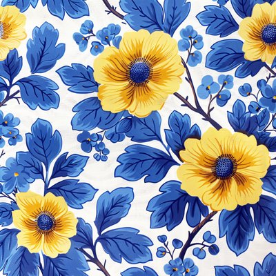 Padrão de bloco floral azul e amarelo para impressões murais modernas de F. Abderrahim