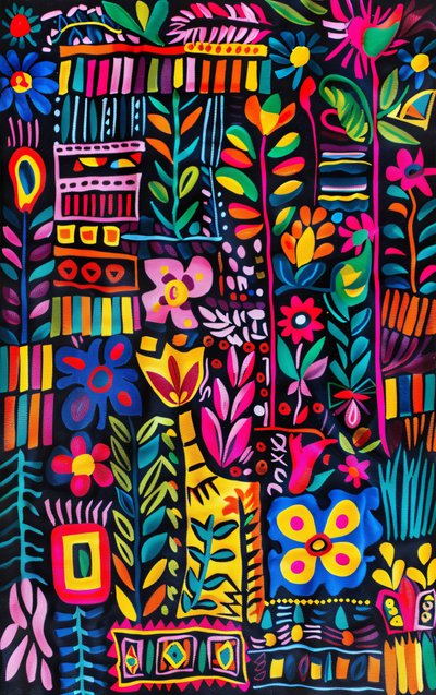 Impressão a pedido: pintura de arte naïf com cores vivas para decoração de parede de quarto de F. Abderrahim