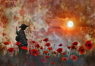 Silhueta de um soldado num campo de flores de papoilas de F. Abderrahim