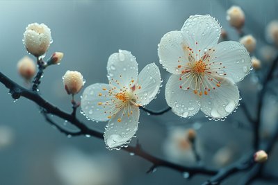 Flores brancas sob o orvalho da manhã para uma decoração de parede zen de F. Abderrahim