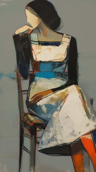 Pintura abstrata: uma mulher de vestido sentada para impressões de telas e posters de F. Abderrahim
