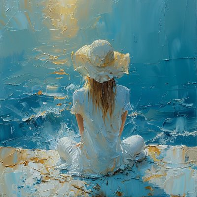 Pintura abstrata rapariga bonita na brisa do mar | impressões de arte de parede de F. Abderrahim