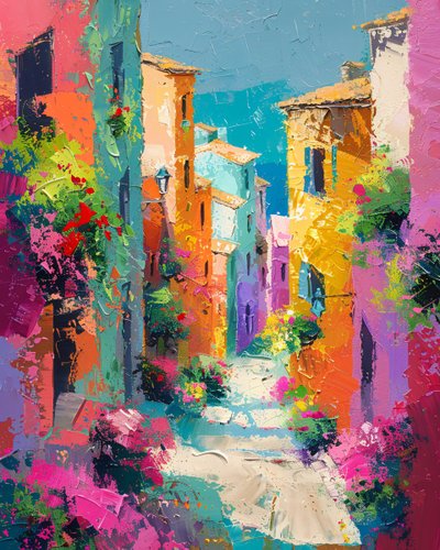 Pintura abstrata casas coloridas numa rua de uma aldeia mediterrânica | impressões artísticas de F. Abderrahim