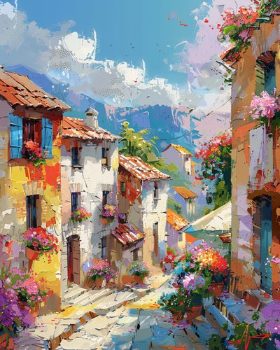 Pintura abstrata: casas coloridas numa decoração de arte de parede de uma cidade antiga e tradicional de F. Abderrahim