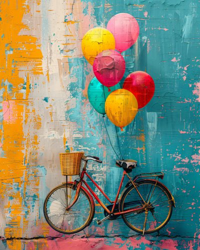 Pintura primitiva abstrata Bicicleta a subir com balões decoração da parede do quarto de F. Abderrahim