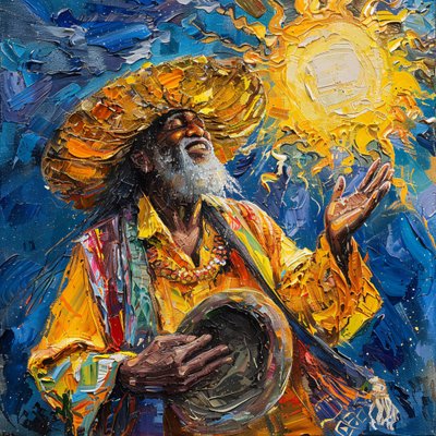 Homem mexicano feliz com chapéu a dançar, pintura estilo pinceladas van gogh de F. Abderrahim