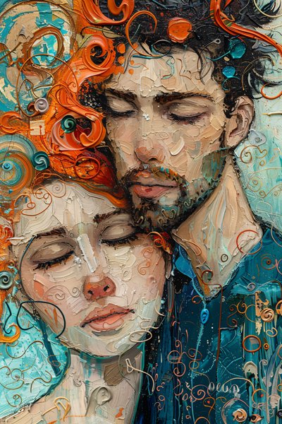 Pintura digital: um homem e uma rapariga um homem num abraço e amor impressões de arte em tela de F. Abderrahim