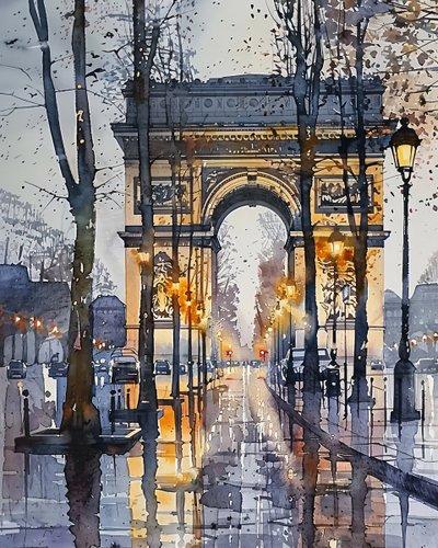 Pintura a aguarela: Champs Elysées Paris França no inverno | impressões murais de F. Abderrahim