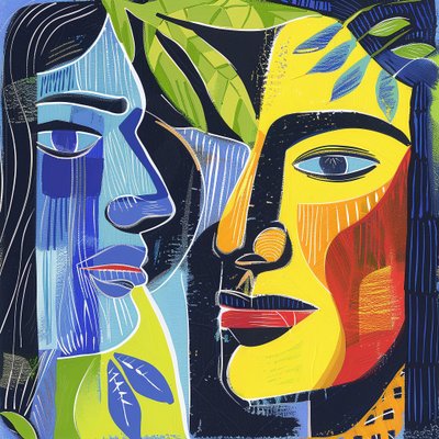 Pintura abstrata minimalista rostos de dois homens | decoração de parede da sala de estar de F. Abderrahim