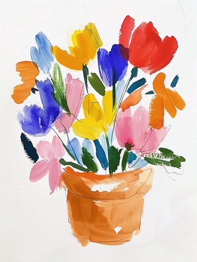 Flores coloridas em aguarela num vaso | impressões botânicas de arte de parede de F. Abderrahim