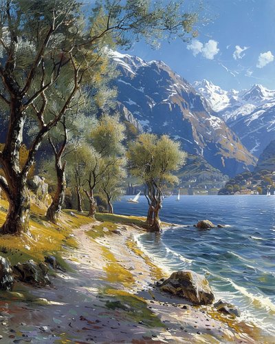 Paisagem de montanha e floresta com um lago tranquilo, impressões de arte online de F. Abderrahim