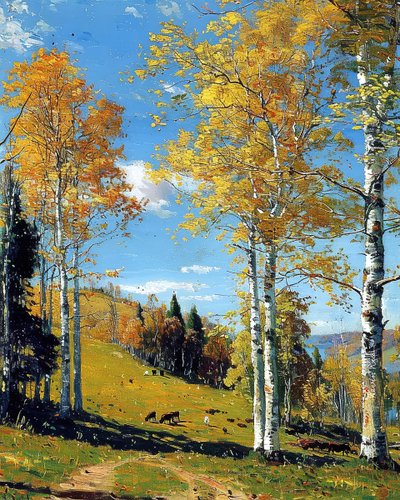 Paisagem com um bosque de bétulas e folhagem vibrante, decoração de parede para qualquer divisão de F. Abderrahim