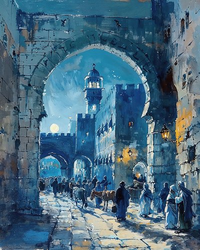 Um portão de cidade árabe e um mercado medieval, impressões em tela de Damasco de F. Abderrahim