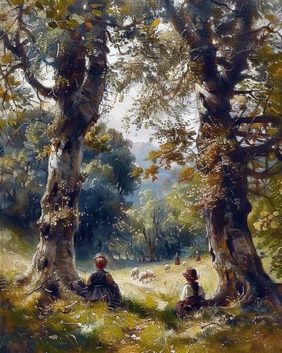 Crianças sentadas debaixo de árvores na floresta, decoração de parede moderna de F. Abderrahim