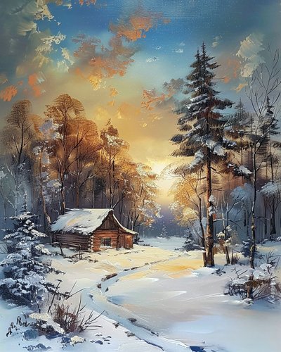 Cabana no meio de uma floresta e neve, decoração de parede com paisagem de inverno de F. Abderrahim