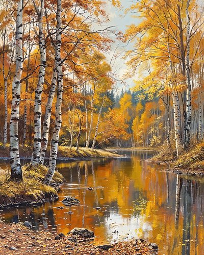 Paisagem e bétulas com águas cristalinas, impressões de arte online de F. Abderrahim