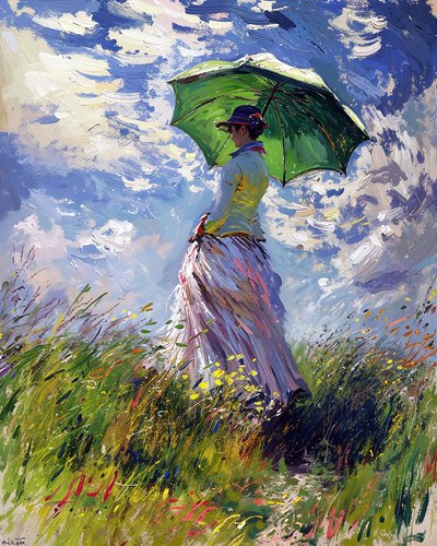 Mulher de vestido com guarda-chuva a caminhar numa colina verde na primavera de F. Abderrahim