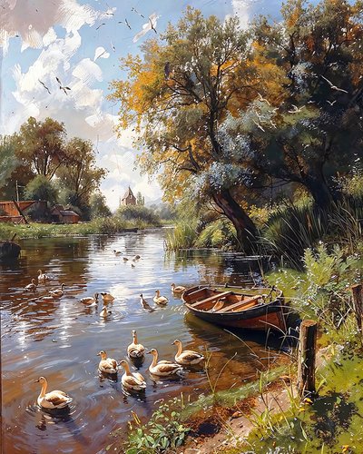 Lago tranquilo, pássaros e barco de madeira, decoração de parede para quarto de F. Abderrahim