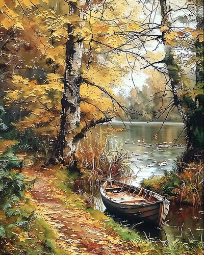 Um barco de madeira no meio de um lago encantado, Decoração de parede para venda de F. Abderrahim