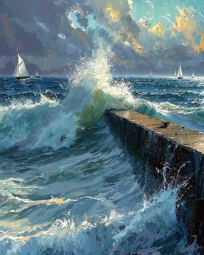 Ondas agitadas e barcos no horizonte, ideias de decoração de parede de F. Abderrahim